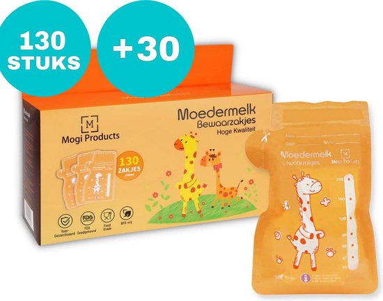 Mogi Products-Moedermelk Bewaarzakjes - 160 Stuks- 130+30 zakjes extra - Met Schenktuit - Borstvoeding Bewaarzakjes - Lekvrij - Koelkast en Vriezer - BPA vrij - 200 ml - Mogi Products