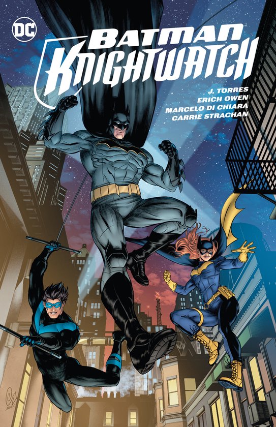 Batman, Nightwing en Batgirl vliegen door een stad bij nacht.