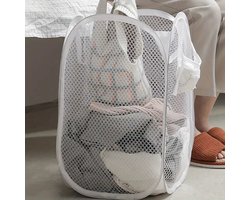 Opvouwbare wasmand wit - pop up wasmand - wasmand voor op reis - wasmand met hengsels - was sorteren met extra opbergvak - waszak opvouwbaar voor onderweg - vakantie wasmand met handvatten