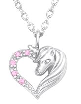 Joy|S - Zilveren hartje hanger - eenhoorn paard - roze zirkonia - inclusief ketting 39 cm (extra oogje bij 36 cm)
