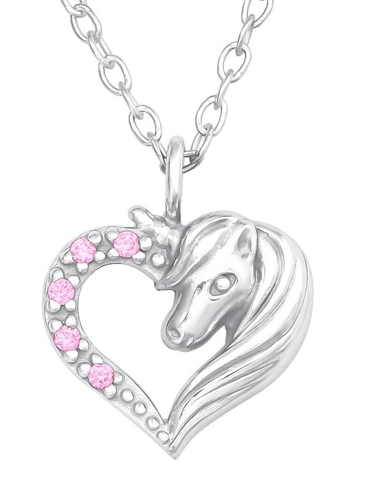 Joy|S - Zilveren hartje hanger - eenhoorn paard - roze zirkonia - inclusief ketting 39 cm (extra oogje bij 36 cm)