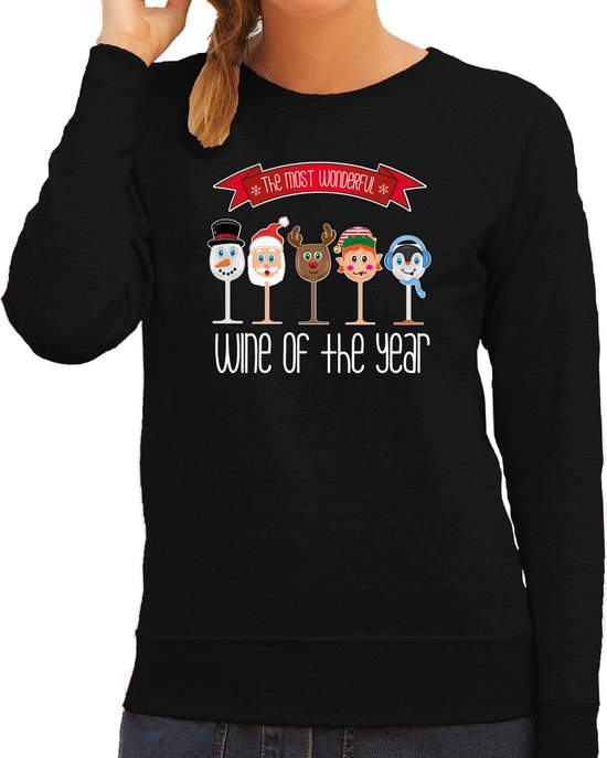 Bellatio Decorations foute kersttrui/sweater dames - Kerst wijn glazen - zwart - drank/wine XL
