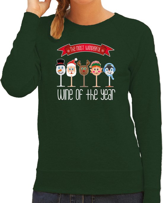 Bellatio Decorations foute kersttrui/sweater dames - Kerst wijn glazen - groen - drank/wine XXL