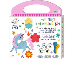 Haku Yoka: MIJN EERSTE KLEURKIT / EENHOORNVRIENDEN 20,5x24x2cm, bevat 6 waskrijtjes met lachend gezichtje, 35 kleurvellen en afneembare stickers, bevat 10% bijenwas, 3+