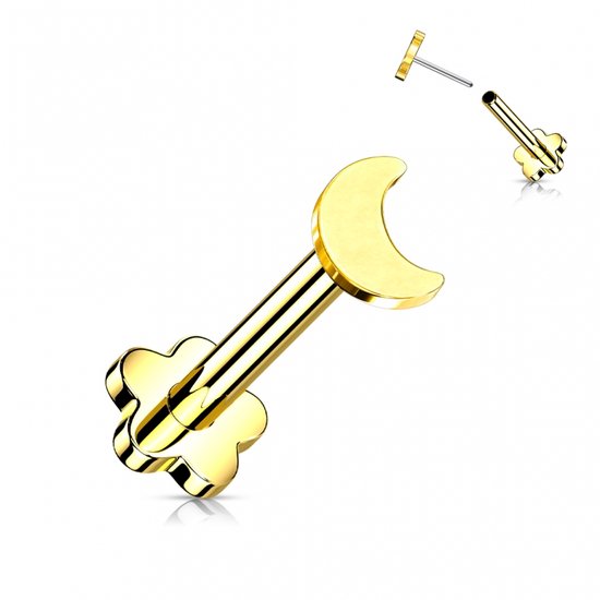 Gouden piercing met een maanvormig uiteinde en een bloemvormige sluiting.
