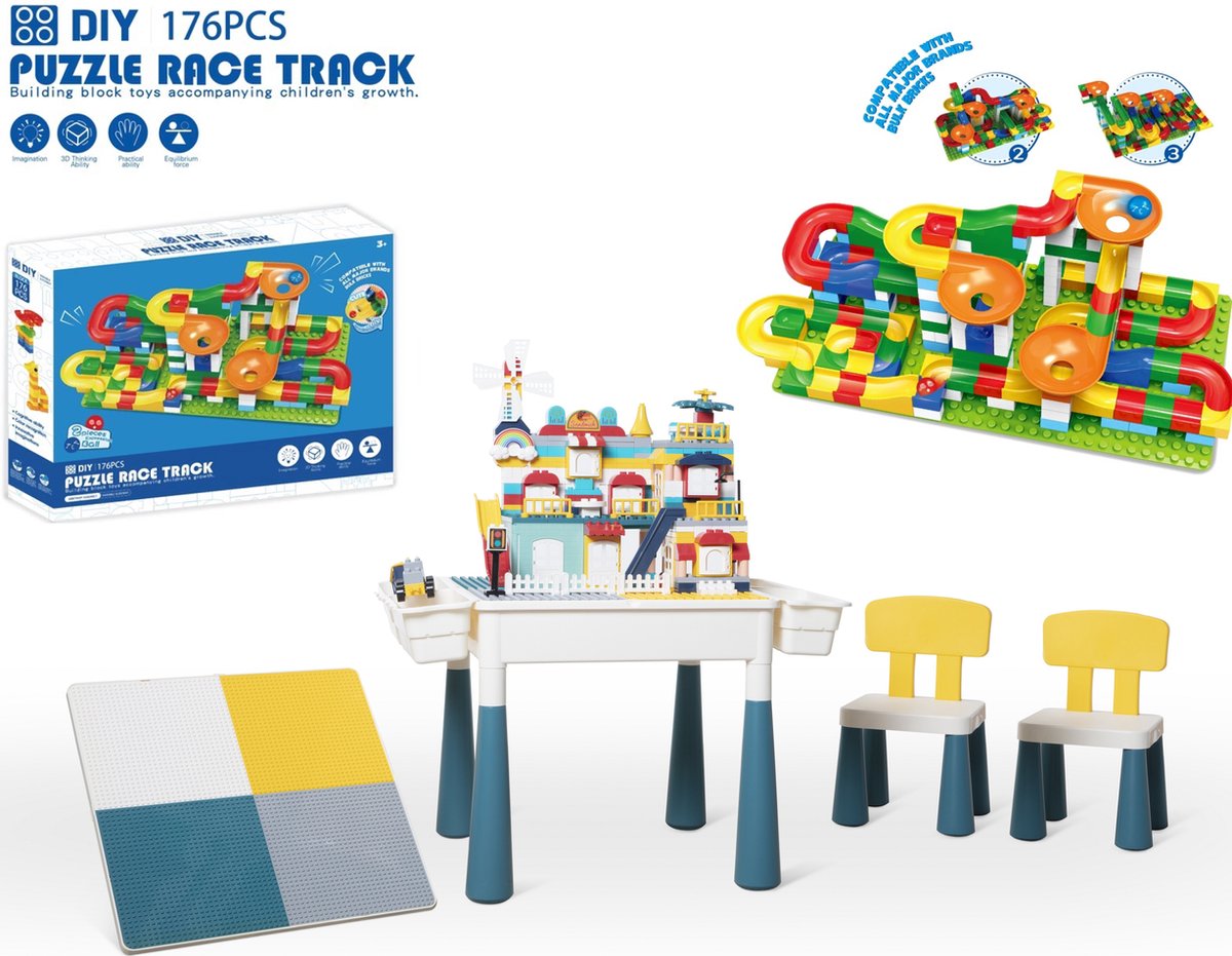 【Profi Promo】Bouwtafelset inc. 176 bouwblokken voor LEGO & DUPLO - Multifunctioneel Kinderbouwtafel met 2 stoelen + 4 Opbergbakken - Constructietafel, Kinderwerktafel, Speeltafel, Zandbak, Watertafel - Kindertafel en stoelen - Aquamarijnkleur