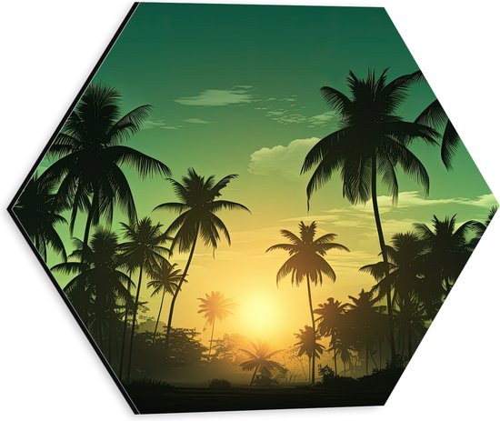 Dibond Hexagon - Zonsondergang Omringd door Silhouetten van Bomen - 30x26.1 cm Foto op Hexagon (Met Ophangsysteem)