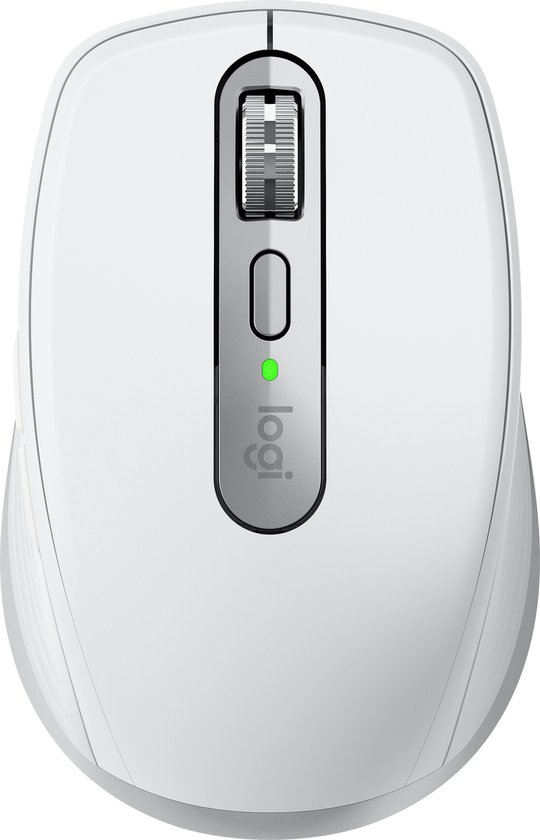 Bovenaanzicht van de witte Logitech MX Anywhere 3S muis met logo en scrollwiel.