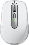 Bovenaanzicht van de witte Logitech MX Anywhere 3S muis met logo en scrollwiel.