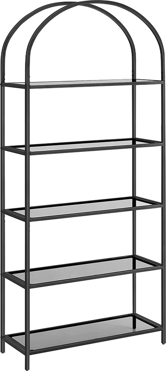 Signature Home Tanzania Boekenkast, 5 niveaus, opbergrek van gehard glas, gebogen bovenkant, metalen structuur, voor woonkamer, slaapkamer, kantoor, badkamer, zwart en grijs