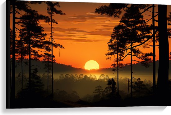 Canvas - Zakkende Zon bij Silhouetten van Hoge Bomen - 90x60 cm Foto op Canvas Schilderij (Wanddecoratie op Canvas)