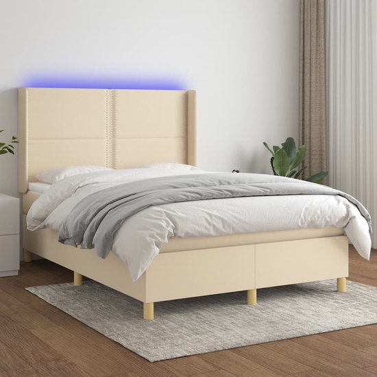 The Living Store Boxspring Bed - Crème - 203 x 147 x 118/128 cm - Verstelbaar hoofdbord - Kleurrijke LED-verlichting - Pocketvering matras - Huidvriendelijk topmatras - Inclusief montagehandleiding - USB-aansluiting - 5V USB-adapter niet inbegrepen