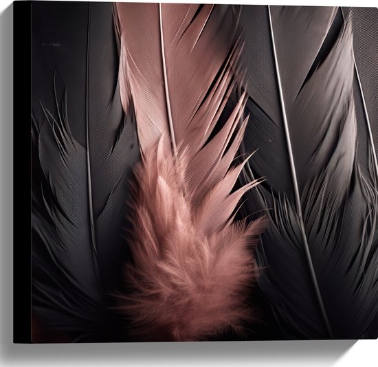 Canvas - Rij Zwarte en Roze Veren - 40x40 cm Foto op Canvas Schilderij (Wanddecoratie op Canvas)