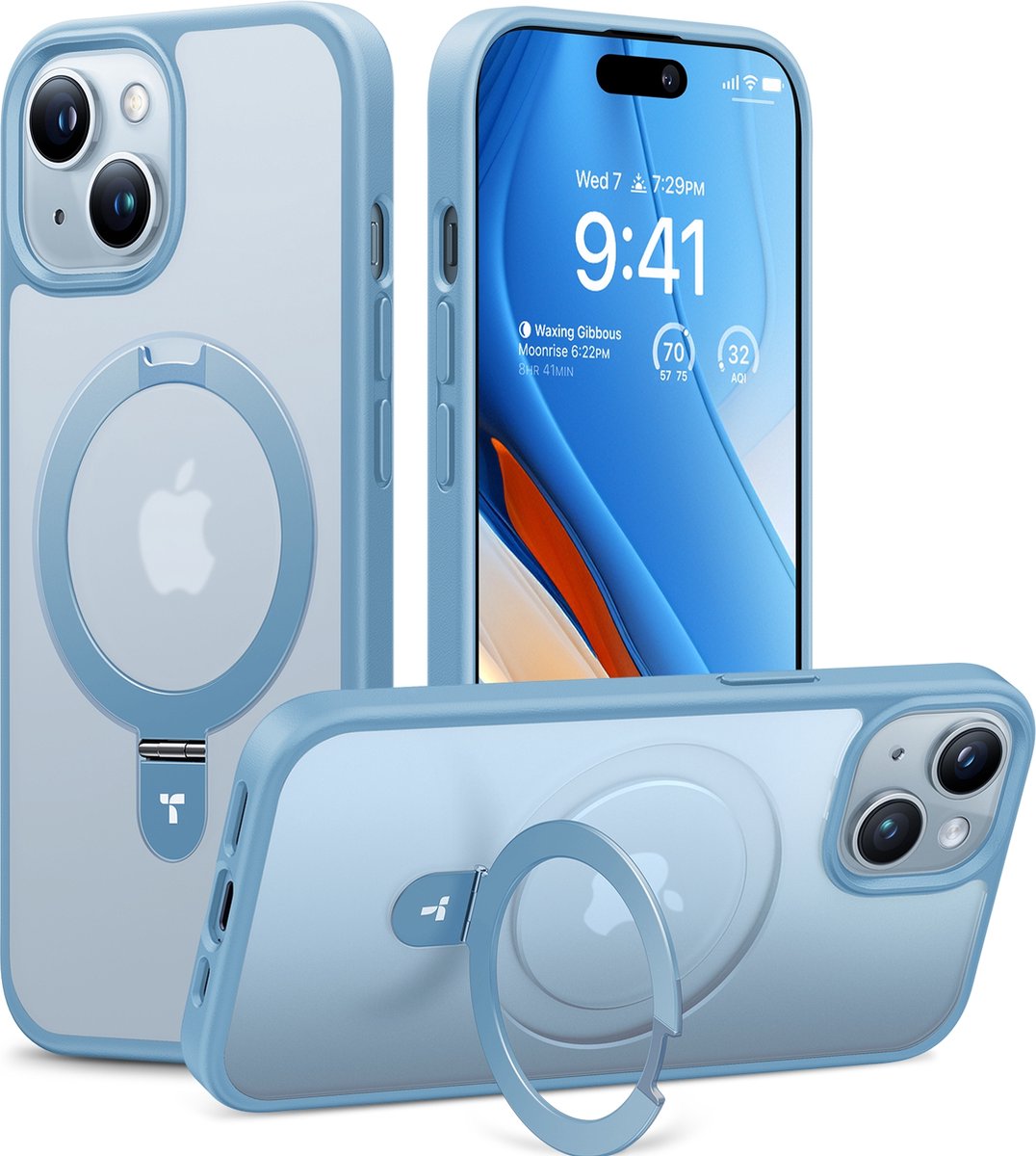 Torras Geschikt voor iPhone 15 Magsafe hoesje met Kickstand standaard - Doorzichtig Blauw