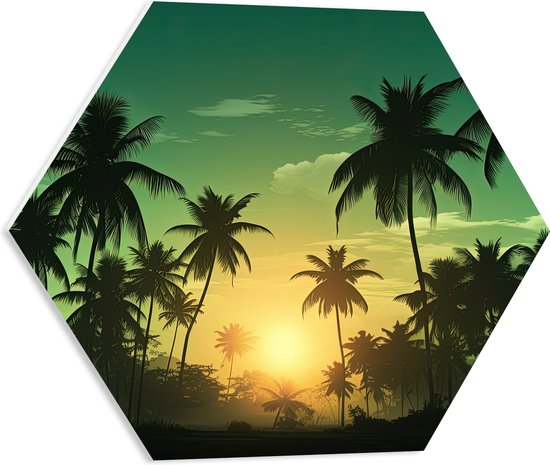 PVC Schuimplaat Hexagon - Zonsondergang Omringd door Silhouetten van Bomen - 50x43.5 cm Foto op Hexagon (Met Ophangsysteem)