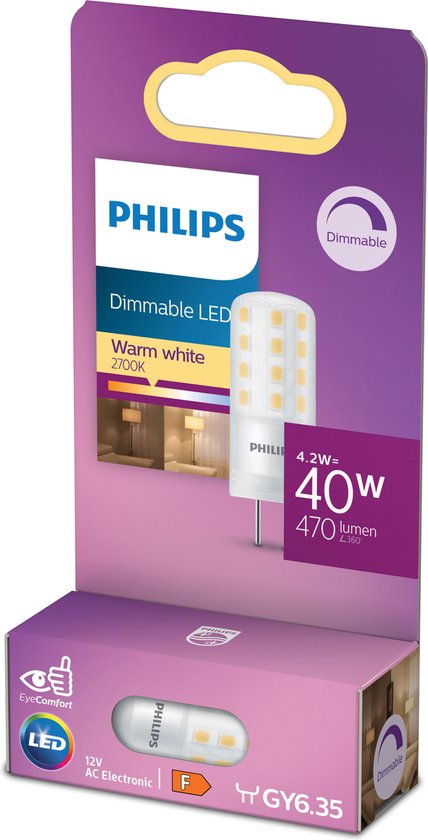 Philips Capsule (intensité variable), 4,2 W, 40 W, GY6.35, 470 lm, 15000 h, Blanc chaud