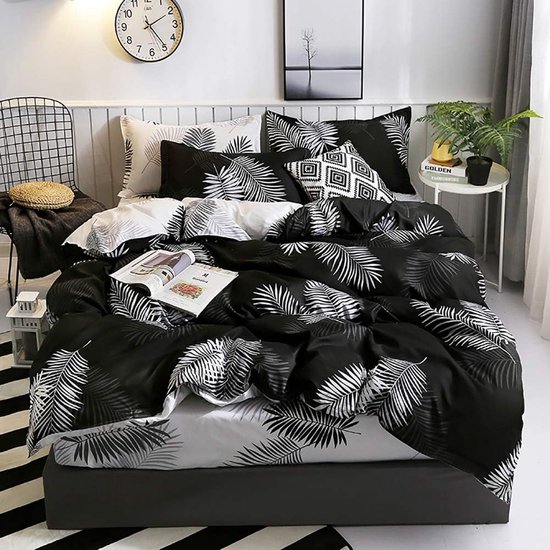 Beddengoed 155 x 220 cm, noir et blanc, parure de lit réversible, motif  feuilles de... | bol