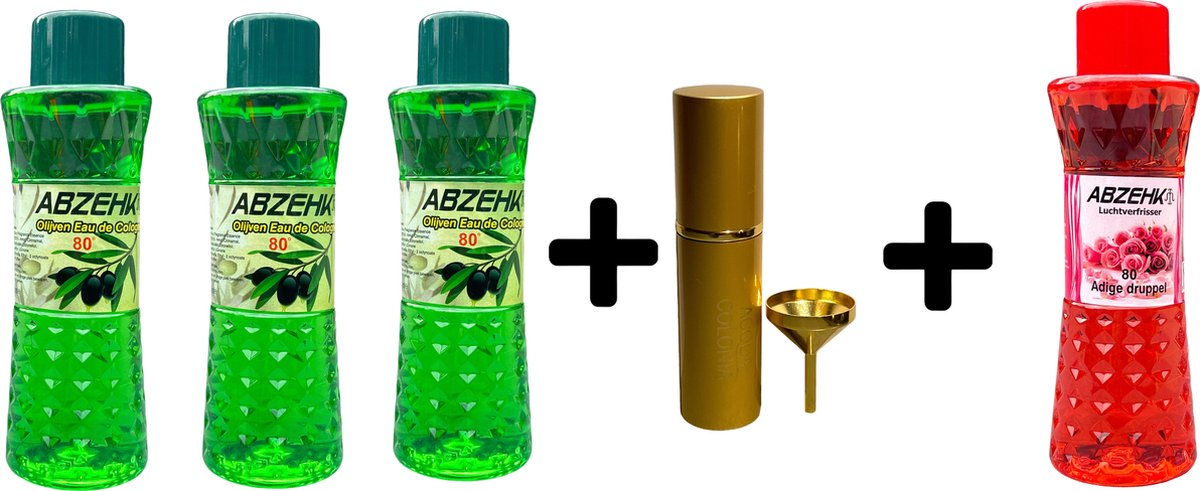 Abzehk Eau de Cologne Olijven 400ml 3x + Parfumverstuiver 1x + Eau de Cologne Adige Druppel 400ml 1x