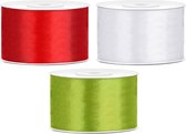 Sierlinten/cadeaulinten/satijnen linten - Set 3x stuks - wit/rood/groen - 38 mm x 25 meter