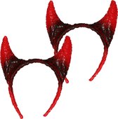 Halloween diadeem - 2x - duivel hoorntjes - rood/zwart - kunststof - tiara/haarband