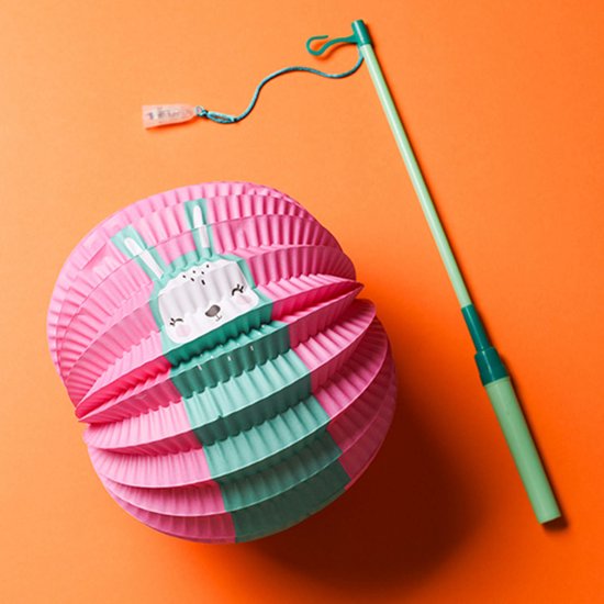 Bol lampion konijn - roze - 22 cm - papier - met lampionstokje - 40 cm — afbeelding 2