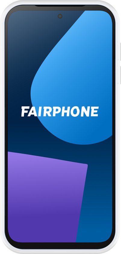 Zwarte Fairphone 5 met een blauwe en paarse grafische achtergrond.
