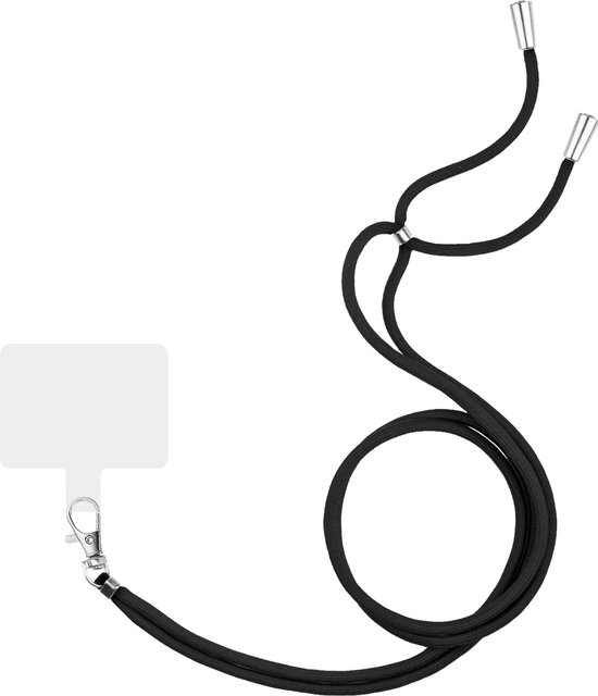 Zwart koord met metalen uiteinden en een kleine witte adapter voor telefoonbevestiging.