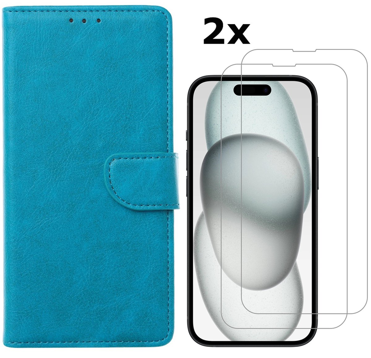 Hoesje Geschikt voor iPhone 15 Plus hoesje bookcase met 2x screenprotector – Blauw