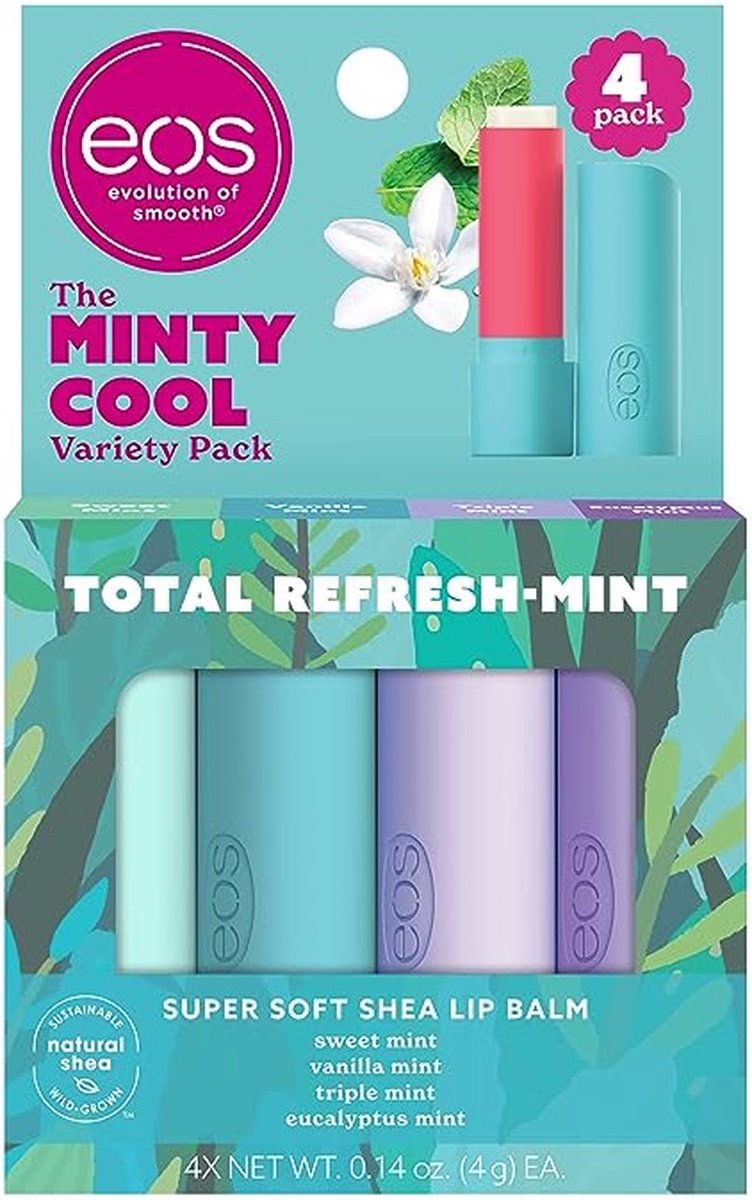 eos Super Soft Shea Lip Balm Sticks - Minty Cool Variety Pack | Long-Lasting Hydration | Lip Moisturizer | 4 Lip