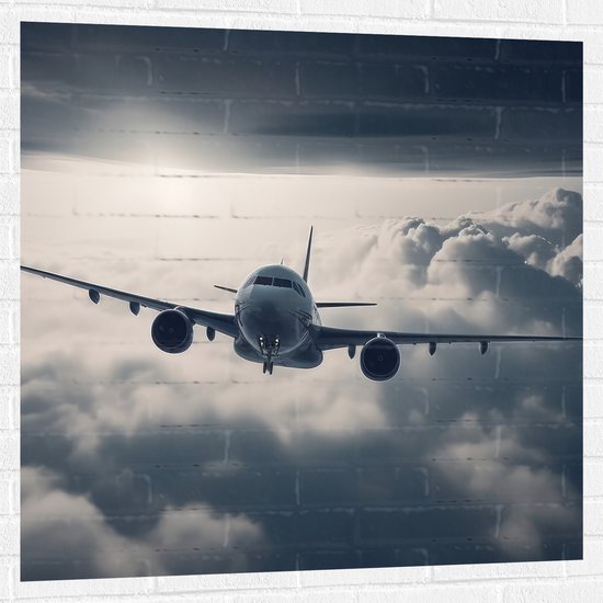 Muursticker - Vliegtuig Vliegend tussen de Wolken - 100x100 cm Foto op Muursticker