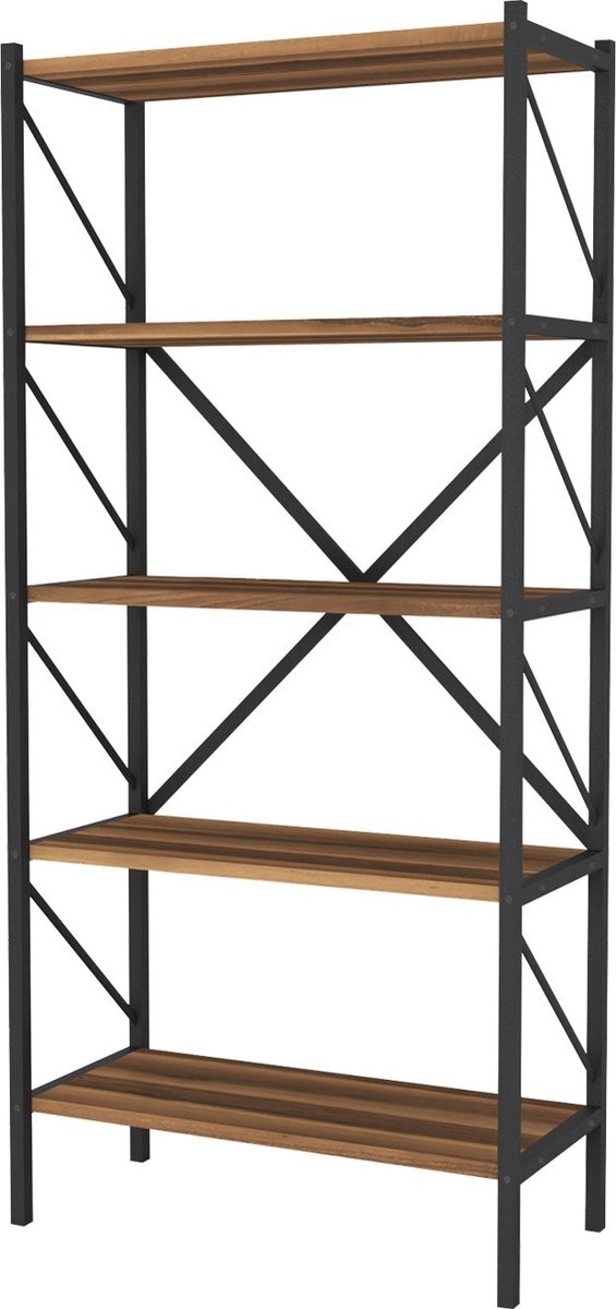 Pochon - Boekenkast Demeter - Walnoot - 34x66x160 - Boekenrek - Kast - Opbergkast - Industrieel