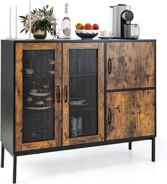 COSTWAY Dressoir met 2 rotandeuren, keukenkast van hout, buffetkast met