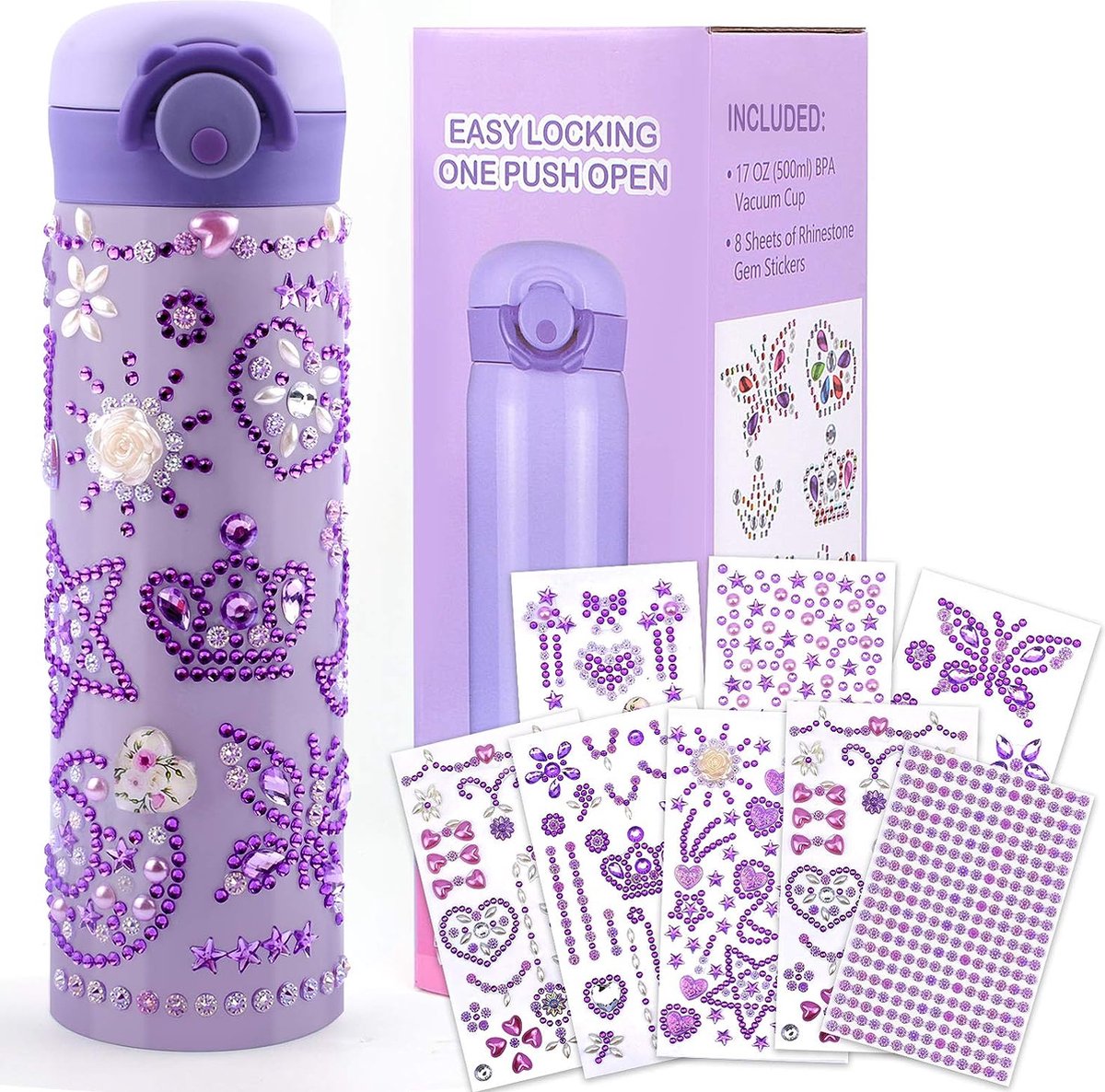 Ultiluxe® Gepersonaliseerde lila drinkfles voor kinderen met strass edelsteenstickers - DIY knutselset - BPA-vrij - 500ml - Creatief doe-het-zelf handwerk voor meisjes