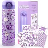 Gepersonaliseerde lila drinkfles voor kinderen met strass edelsteenstickers - DIY knutselset - BPA-vrij - 500ml - Creatief doe-het-zelf handwerk voor meisjes