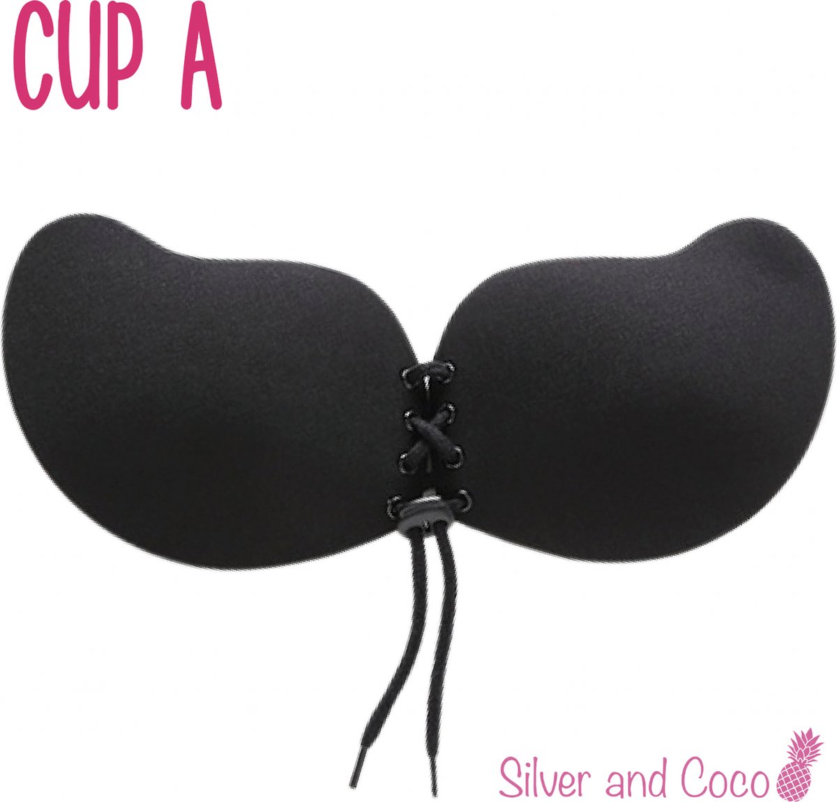 SilverAndCoco® - Push up Plak BH herbruikbaar veter sluiting / Zelfklevende Invisible bh met vetersluiting / Onzichtbare Siliconen Tepel bedekkers BH Pads Silicone Nipple cover Strapless boob lift - Zwart - Cup A