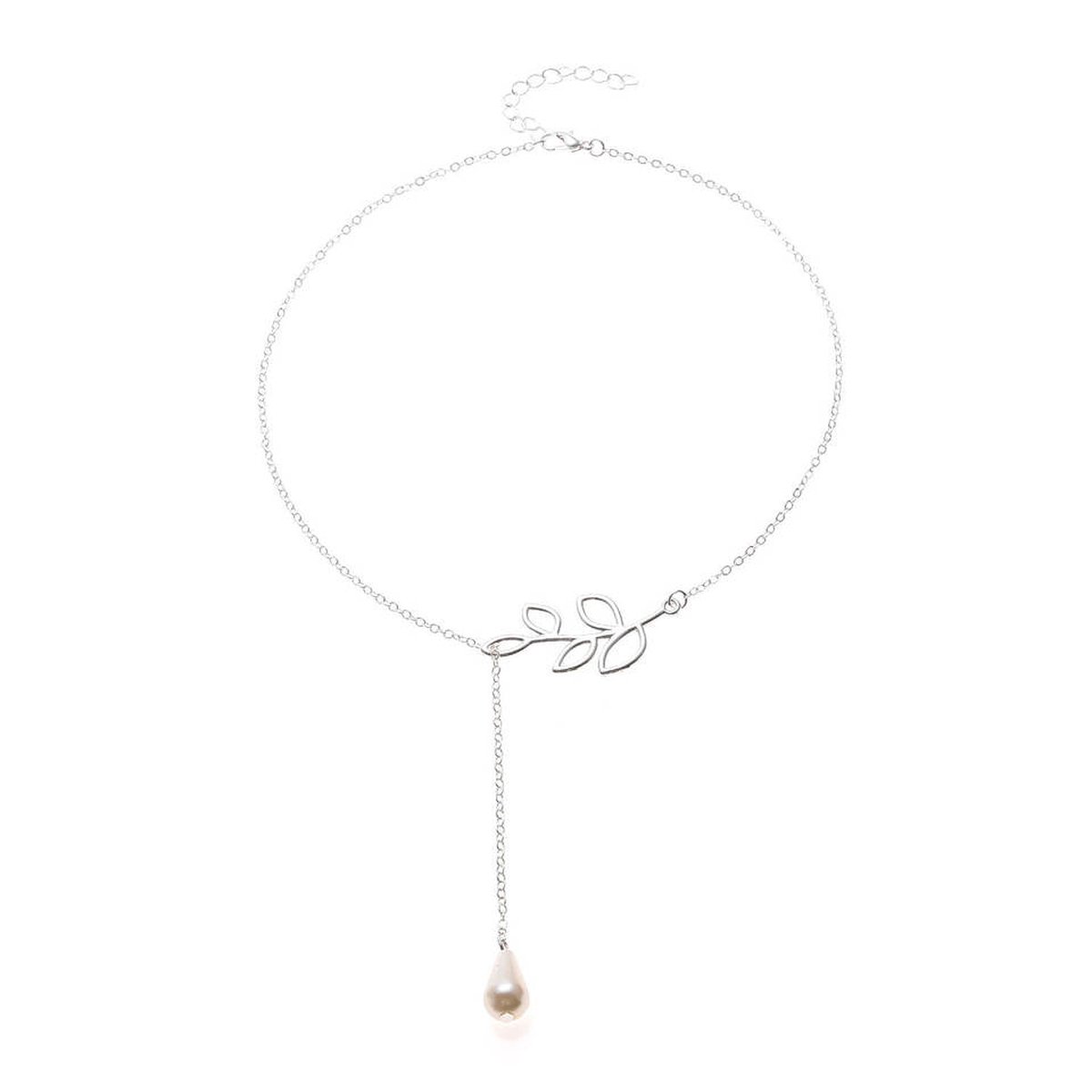 Lumici® | Pearl Leaf Necklace - Parel Blad Ketting - Pareltjes - Parelketting - Bladeren - Natuur - Bos - Bomen - Zon - Lente - Zomer - Buitenleven - Retro - Cadeau Voor Vrouwen - Moederdag Cadeau - Valentijn - Liefde - Verrassing - Zilver