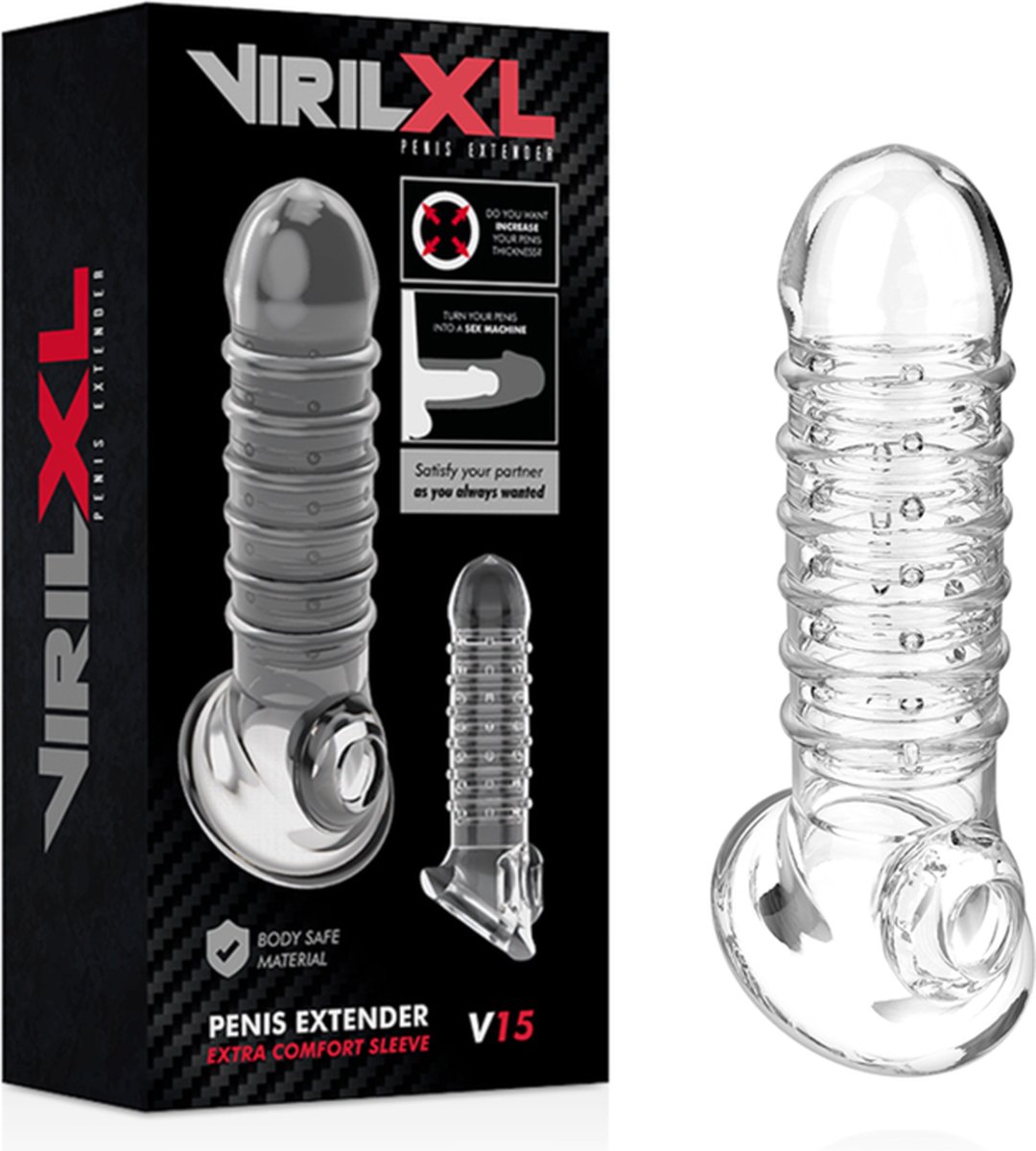 Virilxl V15 - Penis Sleeve - Penis Extender - 30% Extra Lengte - 33% Extra Dikte - Transparant