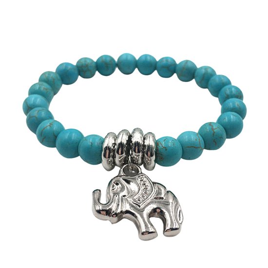 Marama - armband Turquoise Olifantje - elastisch 19-22 cm. - edelsteen Howliet - hanger olifant - damesarmband
