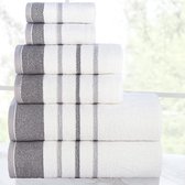 handdoek van 600 g/m² Egyptisch katoen voor hotel, spa, keuken en badkamer, 6-delige set met 2 badkamers, 2 handen, 2 washandjes, wit met donkergrijs-lichtgrijze rand