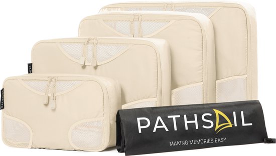 Pathsail® Cubes d'emballage Set 5 pièces - Rangement pour sièges-auto de bagages - Ensemble organisateur de valise - Sac à linge inclus - Beige