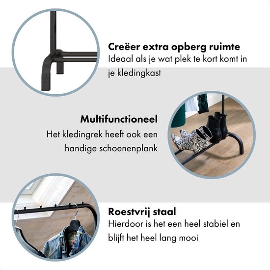 QUVIO Kledingrek met leggedeelte voor schoenen / Hoogte 150cm / Kledingstandaard met schoenenrek - Zwart