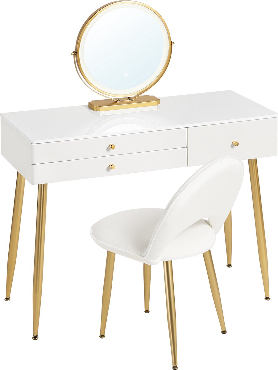 BukkitBow - Kaptafel / Make-up Tafel met LED Verlichting – Tafel met 3 Grote laden - Cosmetische Tafel voor Slaapkamer - Met Ronde LED Spiegel – Inclusief Stoel / Kruk - 100X80X40CM - Wit