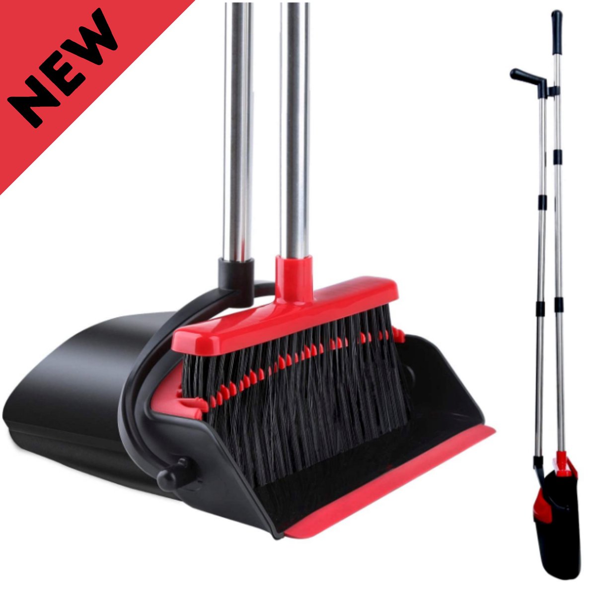 Goedkoopste W&Z® Stoffer en Blik met Lange Steel verstelbaar 84-127cm- Handveger Bezem en Vuilblik op steel - Stofblik en Veger- Rood