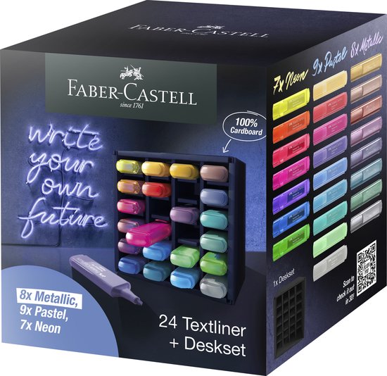 Faber-Castell 24 Textliners+ Deskset met 8x metallic, 9x pastel en 7x neon kleuren. Doos met deksel en tekst 'write your own future'.