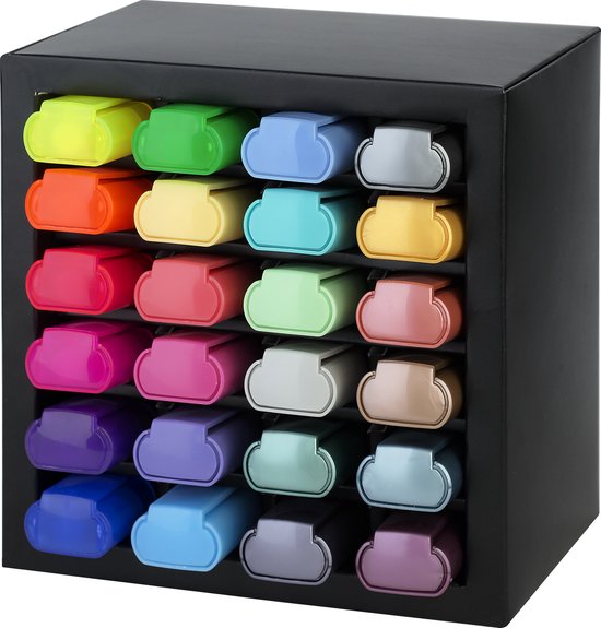 Zwart bureau-organizer met 24 Faber-Castell Textliners in neon-, pastel- en metallic kleuren.