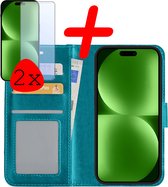 Hoes Geschikt voor iPhone 15 Pro Max Hoesje Bookcase Hoes Flip Case Book Cover Met 2x Screenprotector - Hoesje Geschikt voor iPhone 15 Pro Max Hoes Book Case Hoesje - Turquoise