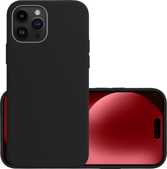 Coque en silicone noire pour iPhone 15 Pro, avec téléphone rouge. Trois caméras.