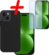 Hoes Geschikt voor iPhone 15 Plus Hoesje Siliconen Back Cover Case Met Screenprotector - Hoesje Geschikt voor iPhone 15 Plus Hoes Cover Hoesje - Zwart