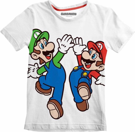 Nintendo Super Mario - Mario And Luigi Overprint Kinder Tshirt - Kids tm 8 jaar - Wit