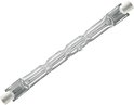Helder glazen staaf halogeenlamp met zilverkleurige connectoren aan beide uiteinden.